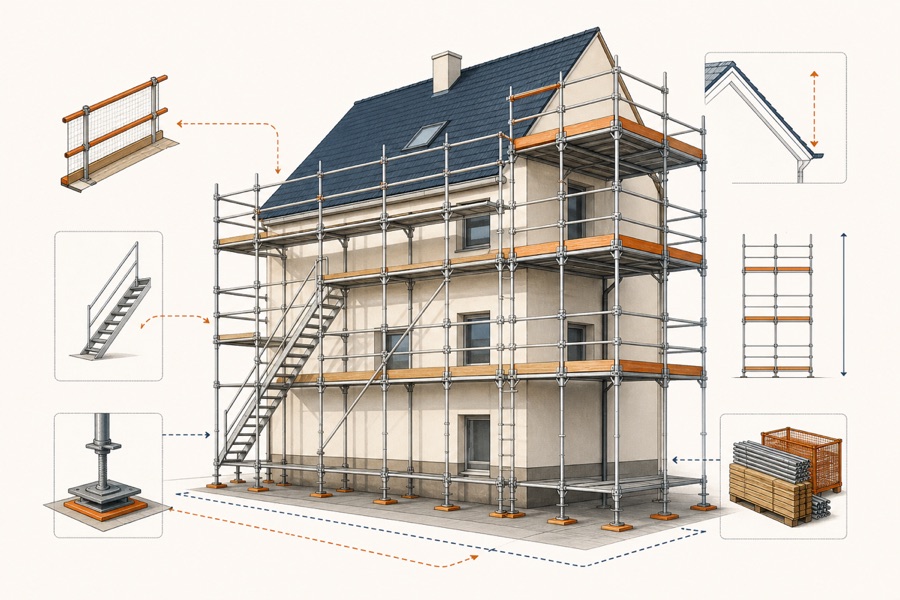Planungsillustration zu Gerüsttyp, Zugang, Höhe und Logistik